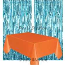 Parti Station 2 Adet Mavi Renk Metalize Arka Fon Perdesi ve 1 Adet Plastik Turuncu Renk Masa Örtüsü Set