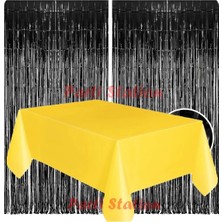 Parti Station 2 Adet Siyah Renk Metalize Arka Fon Perdesi ve 1 Adet Plastik Sarı Renk Masa Örtüsü Set