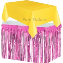 Parti Station Masa Örtüsü ve Masa Eteği Set Plastik Sarı Renk Masa Örtüsü Pembe Renk Metalize Masa Eteği Set