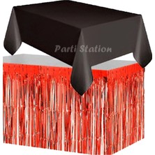 Parti Station Masa Örtüsü ve Masa Eteği Set Plastik Siyah Renk Masa Örtüsü Kırmızı Renk Metalize Masa Eteği Set