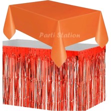 Parti Station Masa Örtüsü ve Masa Eteği Set Plastik Turuncu Renk Masa Örtüsü Kırmızı Renk Metalize Masa Eteği Set