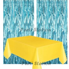 Parti Station 2 Adet Mavi Renk Metalize Arka Fon Perdesi ve 1 Adet Plastik Sarı Renk Masa Örtüsü Set