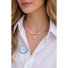 Oceandesign Pastel Renkli Kuvars Kalp Uçlu Kolye 45 cm Çelik Kadın Kolye