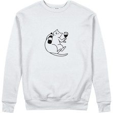 The Lucid Lab Wine Lover Cat Sweatshirt - Beyaz