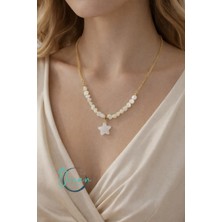 Oceandesign Doğal Beyaz Taşlı Yıldız Kolye 45 cm Paslanmaz Çelik Zincir Gold Renk Kadın Kolye