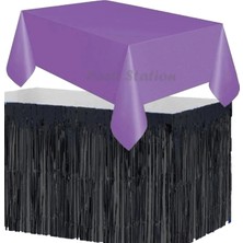 Parti Station Masa Örtüsü ve Eteği Set Plastik Mor Renk Masa Örtüsü Siyah Renk Metalize Sarkıt Masa Eteği Set