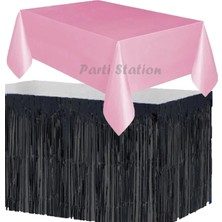 Parti Station Masa Örtüsü ve Etek Set Plastik Pembe Renk Masa Örtüsü Siyah Renk Metalize Sarkıt Masa Eteği Set