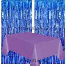 Parti Station 2 Adet Lacivert Renk Metalize Arka Fon Perdesi ve 1 Adet Plastik Mor Renk Masa Örtüsü Set
