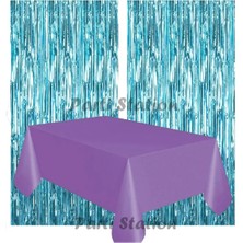Parti Station 2 Adet Mavi Renk Metalize Arka Fon Perdesi ve 1 Adet Plastik Mor Renk Masa Örtüsü Set