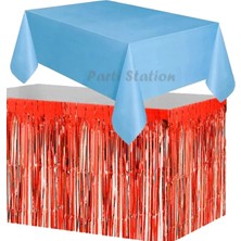 Parti Station Masa Örtüsü ve Etek Set Plastik Mavi Renk Masa Örtüsü Kırmızı Renk Metalize Sarkıt Masa Eteği Set