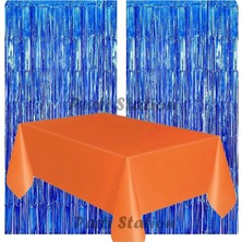 Parti Station 2 Adet Lacivert Renk Metalize Arka Fon Perdesi ve 1 Adet Plastik Turuncu Renk Masa Örtüsü Set