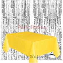 Parti Station 2 Adet Gümüş Gri Renk Metalize Arka Fon Perdesi ve 1 Adet Plastik Sarı Renk Masa Örtüsü Set