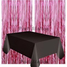 Parti Station 2 Adet Pembe Renk Metalize Arka Fon Perdesi ve 1 Adet Plastik Siyah Renk Masa Örtüsü Set