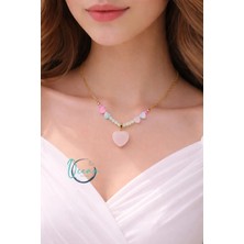 Oceandesign Renkli Dizili Kuvars Kalp Uçlu Kadın Kolye 45 cm Paslanmaz Çelik Zincir El Yapımı Şık Tasarım