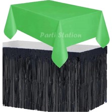 Parti Station Masa Örtüsü ve Masa Eteği Set Plastik Yeşil Renk Masa Örtüsü Siyah Renk Metalize Masa Eteği Set