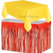 Parti Station Masa Örtüsü ve Masa Eteği Set Plastik Sarı Renk Masa Örtüsü Kırmızı Renk Metalize Masa Eteği Set