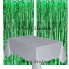 Parti Station 2 Adet Yeşil Renk Metalize Arka Fon Perdesi ve 1 Adet Plastik Gümüş Gri Renk Masa Örtüsü Set
