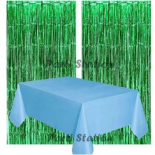 Parti Station 2 Adet Yeşil Renk Metalize Arka Fon Perdesi ve 1 Adet Plastik Mavi Renk Masa Örtüsü Set