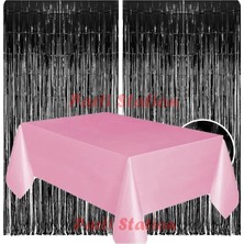 Parti Station 2 Adet Siyah Renk Metalize Arka Fon Perdesi ve 1 Adet Plastik Pembe Renk Masa Örtüsü Set