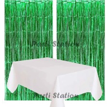 Parti Station 2 Adet Yeşil Renk Metalize Arka Fon Perdesi ve 1 Adet Plastik Beyaz Renk Masa Örtüsü Set