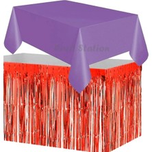 Parti Station Masa Örtüsü ve Eteği Set Plastik Mor Renk Masa Örtüsü Kırmızı Renk Metalize Sarkıt Masa Eteği Set