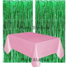Parti Station 2 Adet Yeşil Renk Metalize Arka Fon Perdesi ve 1 Adet Plastik Pembe Renk Masa Örtüsü Set