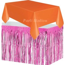 Parti Station Masa Örtüsü ve Masa Eteği Set Plastik Turuncu Renk Masa Örtüsü Pembe Renk Metalize Masa Eteği Set