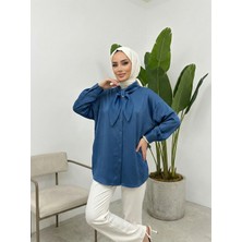 Miostil Yaka Detay Saten Tunik-Petrol Mavisi