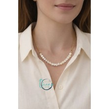 Oceandesign Doğal Beyaz Taşlı Kadın Kolye 45 cm Paslanmaz Çelik Zincir, El Yapımı Şık Tasarım