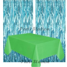 Parti Station 2 Adet Mavi Renk Metalize Arka Fon Perdesi ve 1 Adet Plastik Yeşil Renk Masa Örtüsü Set