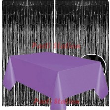 Parti Station 2 Adet Siyah Renk Metalize Arka Fon Perdesi ve 1 Adet Plastik Mor Renk Masa Örtüsü Set