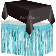 Parti Station Masa Örtüsü ve Masa Eteği Set Plastik Siyah Renk Masa Örtüsü Mavi Renk Metalize Masa Eteği Set
