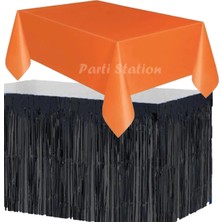 Parti Station Masa Örtüsü ve Masa Eteği Set Plastik Turuncu Renk Masa Örtüsü Siyah Renk Metalize Masa Eteği Set