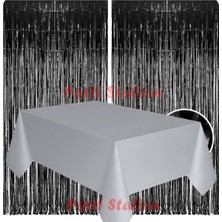 Parti Station 2 Adet Siyah Renk Metalize Arka Fon Perdesi ve 1 Adet Plastik Gümüş Gri Renk Masa Örtüsü Set