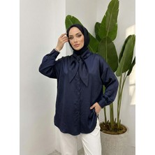 Miostil Yaka Detay Saten Tunik-Lacivert