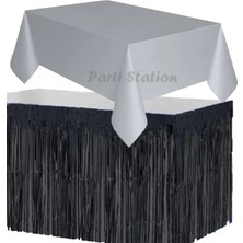 Parti Station Masa Örtüsü ve Masa Eteği Set Plastik Gri Renk Masa Örtüsü Siyah Renk Metalize Sarkıt Masa Eteği Set