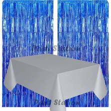 Parti Station 2 Adet Lacivert Renk Metalize Arka Fon Perdesi ve 1 Adet Plastik Gümüş Gri Renk Masa Örtüsü Set