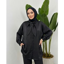 Foremia Yaka Detay Saten Tunik-Siyah -