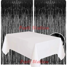 Parti Station 2 Adet Siyah Renk Metalize Arka Fon Perdesi ve 1 Adet Plastik Beyaz Renk Masa Örtüsü Set