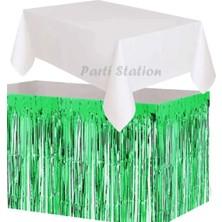 Parti Station Masa Örtüsü ve Masa Eteği Plastik Beyaz Renk Masa Örtüsü Yeşil Renk Metalize Sarkıt Masa Eteği Set