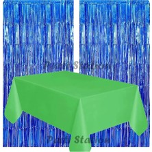 Parti Station 2 Adet Lacivert Renk Metalize Arka Fon Perdesi ve 1 Adet Plastik Yeşil Renk Masa Örtüsü Set