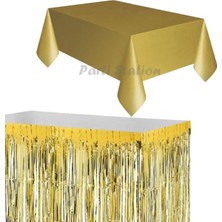 Parti Station Masa Örtüsü Masa Eteği Plastik Altın Gold Renk Masa Örtüsü Altın Renk Metalize Sarkıt Masa Eteği Set