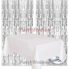 Parti Station 2 Adet Gümüş Gri Renk Metalize Arka Fon Perdesi ve 1 Adet Plastik Beyaz Renk Masa Örtüsü Set