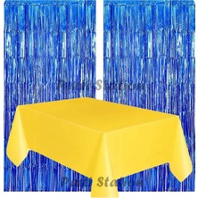 Parti Station 2 Adet Lacivert Renk Metalize Arka Fon Perdesi ve 1 Adet Plastik Sarı Renk Masa Örtüsü Set