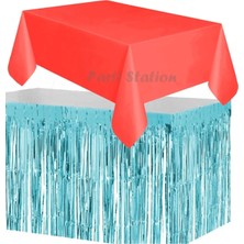 Parti Station Masa Örtüsü ve Etek Set Plastik Kırmızı Renk Masa Örtüsü Mavi Renk Metalize Sarkıt Masa Eteği Set
