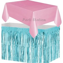 Parti Station Masa Örtüsü ve Etek Set Plastik Pembe Renk Masa Örtüsü Mavi Renk Metalize Sarkıt Masa Eteği Set