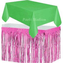 Parti Station Masa Örtüsü ve Masa Eteği Set Plastik Yeşil Renk Masa Örtüsü Pembe Renk Metalize Masa Eteği Set