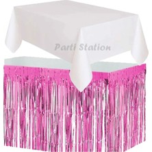 Parti Station Masa Örtüsü ve Masa Eteği Plastik Beyaz Renk Masa Örtüsü Pembe Renk Metalize Sarkıt Masa Eteği Set
