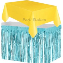 Parti Station Masa Örtüsü ve Masa Eteği Set Plastik Sarı Renk Masa Örtüsü Mavi Renk Metalize Masa Eteği Set