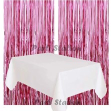 Parti Station 2 Adet Pembe Renk Metalize Arka Fon Perdesi ve 1 Adet Plastik Beyaz Renk Masa Örtüsü Set